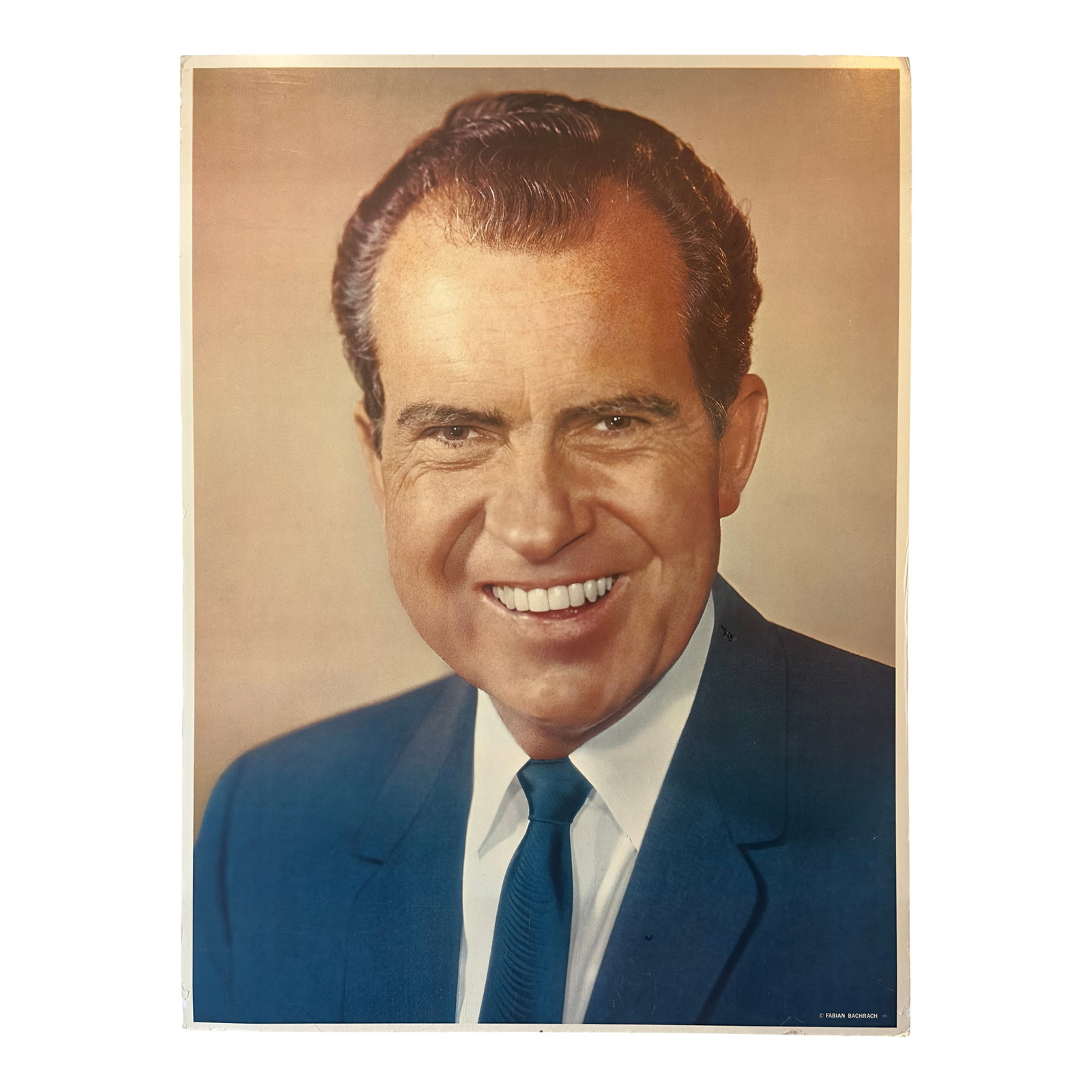 Ironic Oversized Richard Nixon Photographic Portrait by Fabian Bachrach Circa 1960s: This oversized vintage Richard Nixon photographic portrait by Fabian Bachrach, circa 1960s, is a striking mix of mid-century political memorabilia and ironic Americana. Featuring Nixon's wide, almost