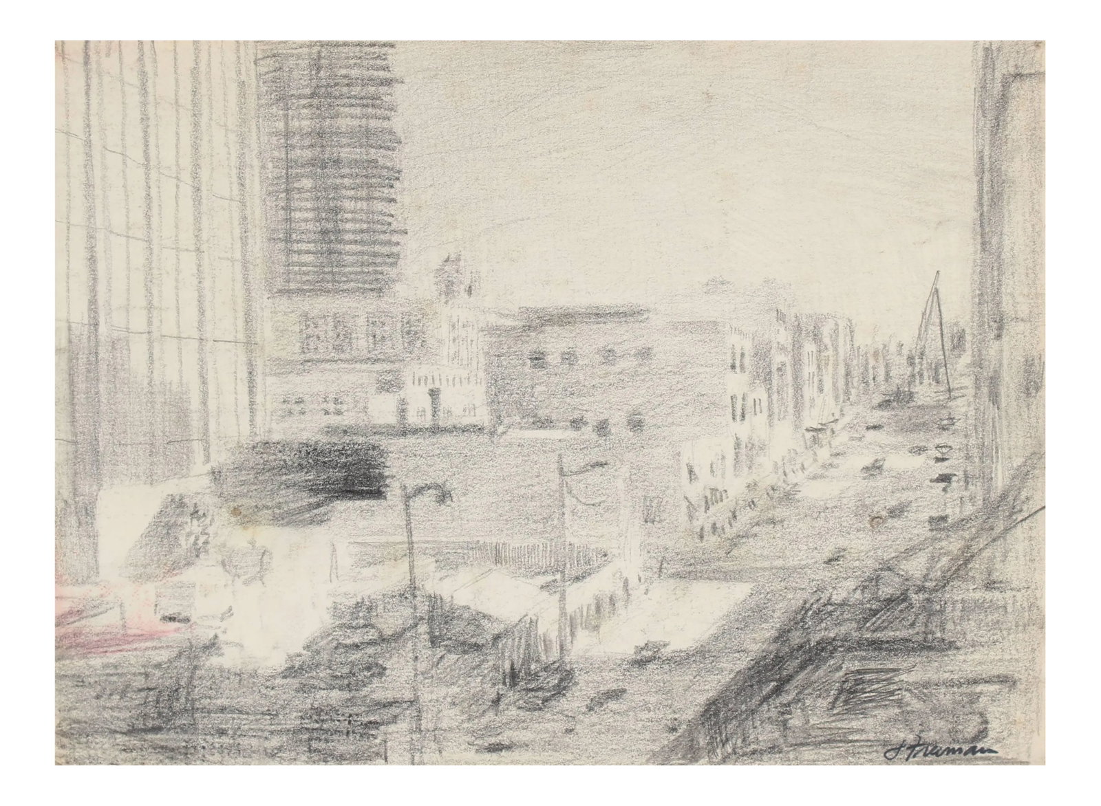 Jack Freeman San Francisco City SceneDrawing in Graphite, Circa 1960s: This circa 1960s graphite on paper San Francisco scene, featuring downtown, the financial district, and the Transamerica Pyramid, is by San Francisco painter Jack Freeman (1938-2014). Freeman studied