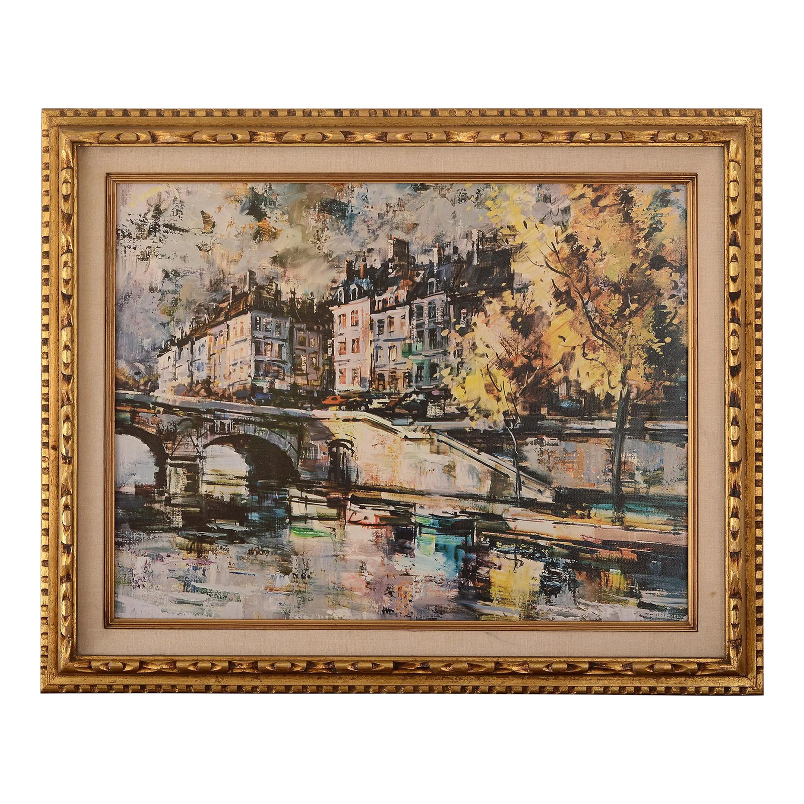 J. Warner Mid Century Printed Painting of Paris Seine River and Bridge: A print on canvas painting by J. Warner of the Seine River and bridge in Paris beautifully framed in a gilded hand-carved wooden frame. Gorgeous colors and quite painterly in style. Condition: