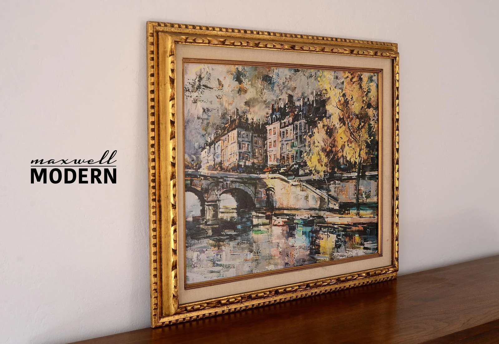 J. Warner Mid Century Printed Painting of Paris Seine River and Bridge - 2