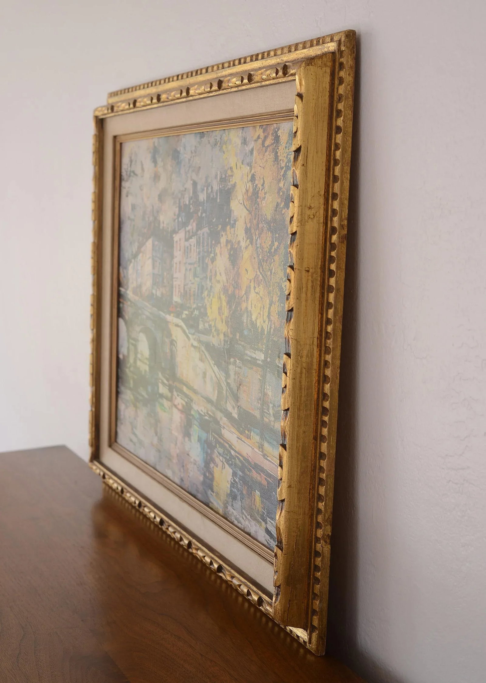 J. Warner Mid Century Printed Painting of Paris Seine River and Bridge - 3