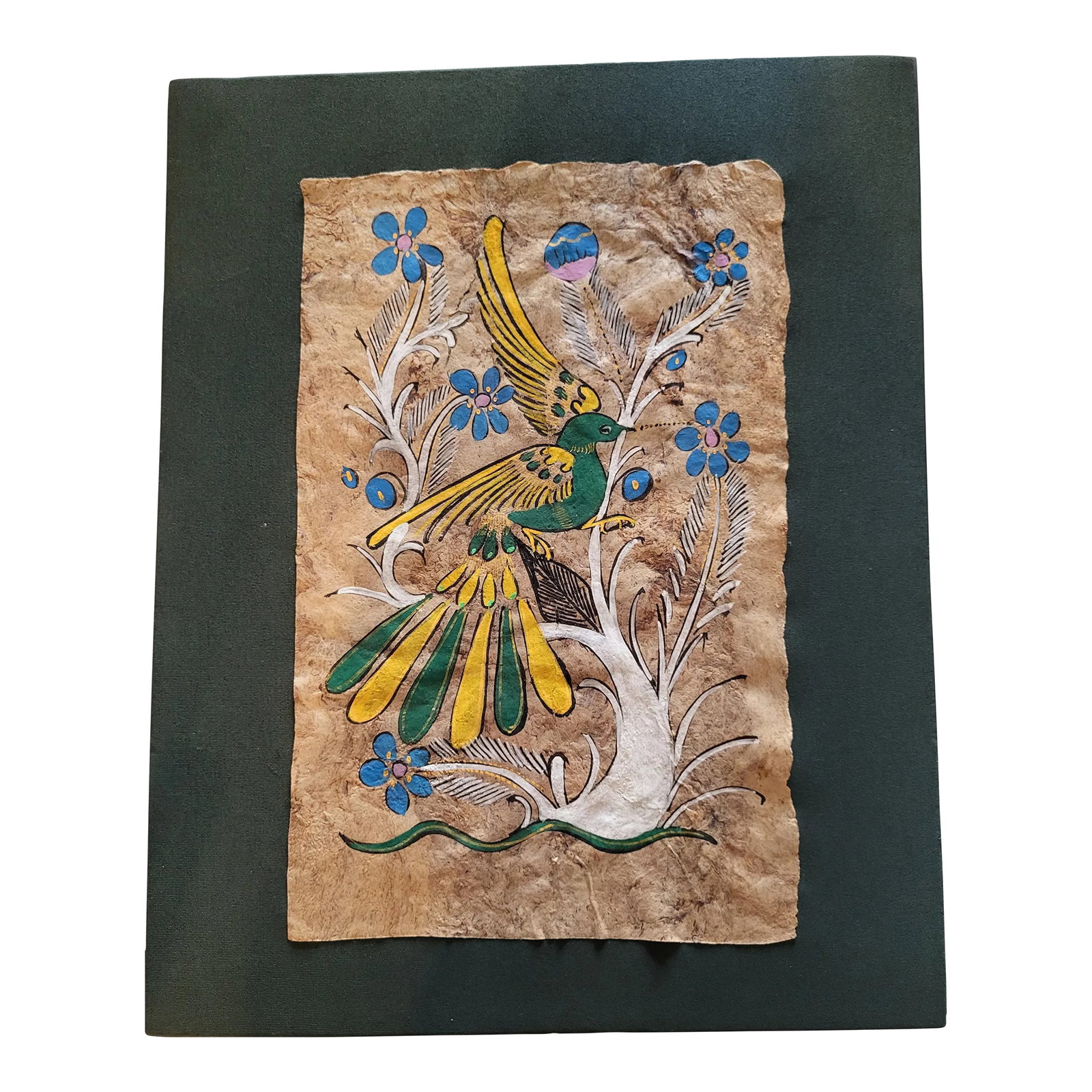 Mid 20th Century Mexican Folk Art Amate Painting: Lovely Amate bark painting from Mexico. Folk art bird and flowers motif. Mounted on green fabric on wood. Wire hanger on back Condition: Alterations: Original Condition Unaltered Imperfections: Some