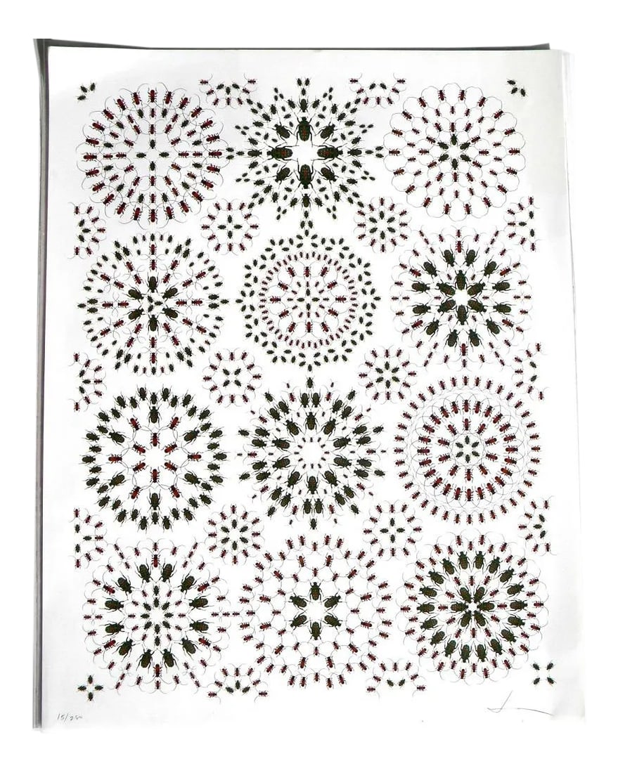 Jean Orlebeke Original Geometric Beetles Print: Signed and numbered in pencil original unframed print of green and brown-red beetles in a geometric pattern by a well-known California designer Jean Orlebeke. The print number is 15 out of 280. It is 