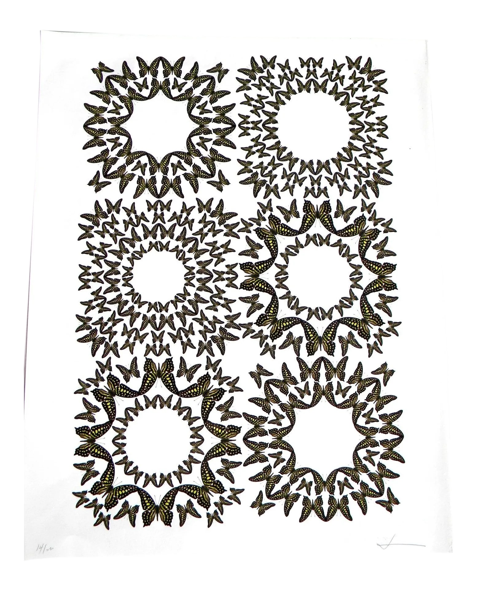 Jean Orlebeke Original Geometric Green Butterflies Print: Signed and numbered in pencil original unframed print of green butterflies in a geometric pattern by a well-known California designer Jean Orlebeke. The print number is 14 out of 280. It is sealed in 