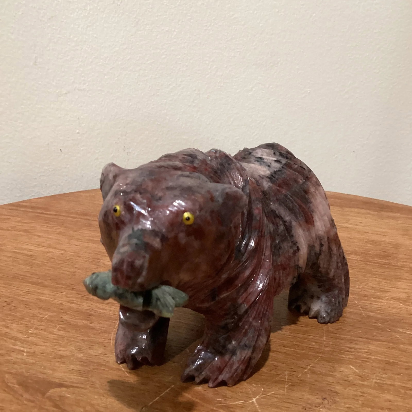 Late 20th Century Hand Carved Magnesite Grizzly Bear With Green Malachite Fish Sculpture by Alexandr - 10