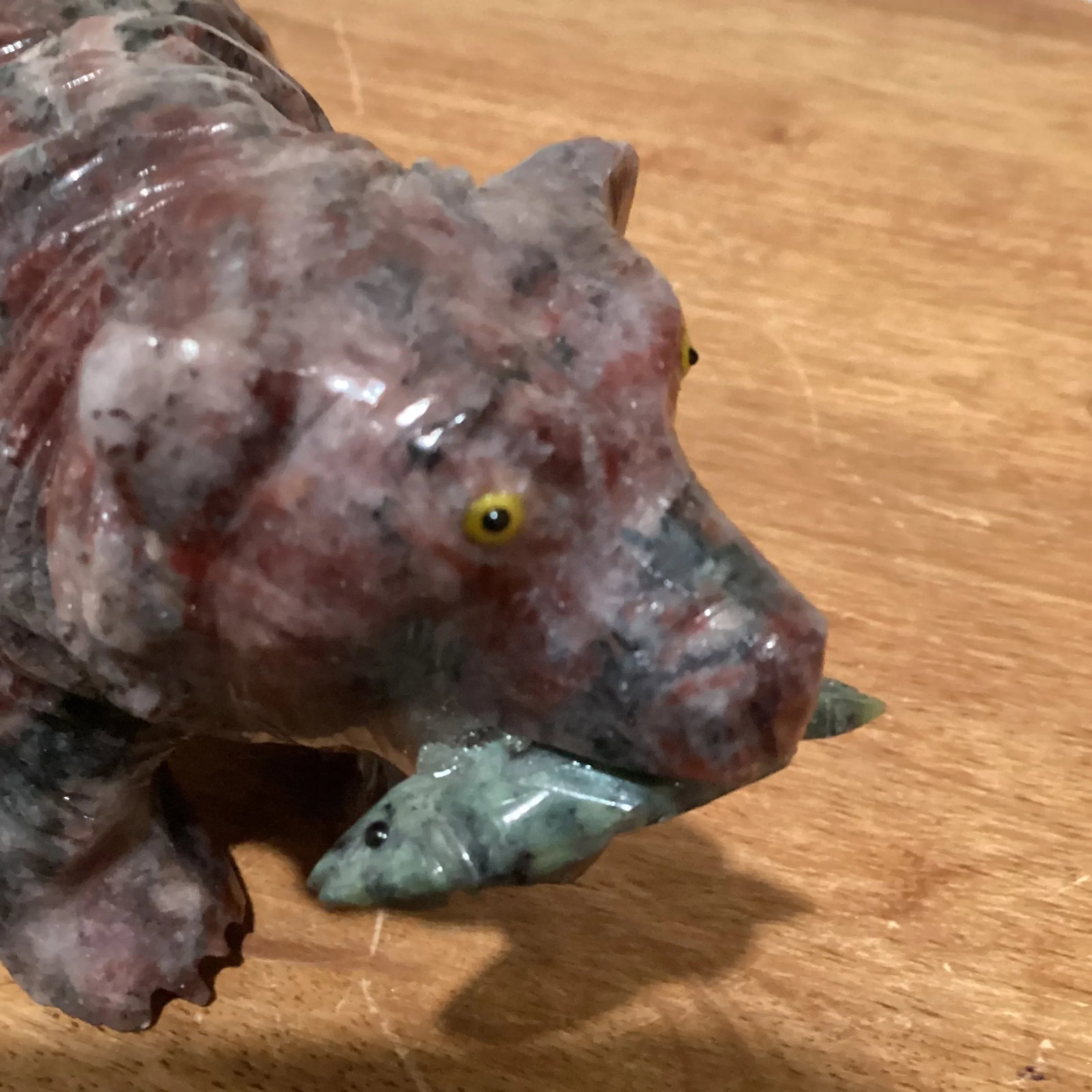 Late 20th Century Hand Carved Magnesite Grizzly Bear With Green Malachite Fish Sculpture by Alexandr - 11