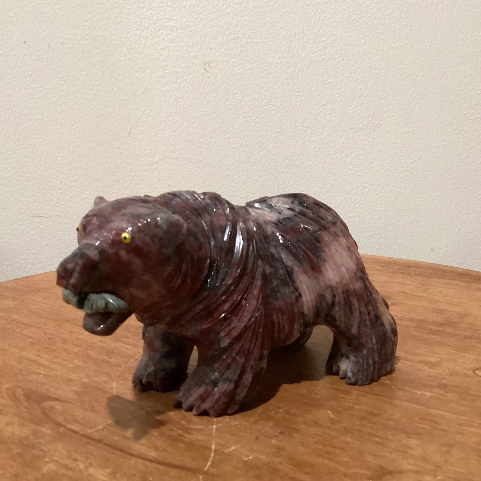 Late 20th Century Hand Carved Magnesite Grizzly Bear With Green Malachite Fish Sculpture by Alexandr - 12