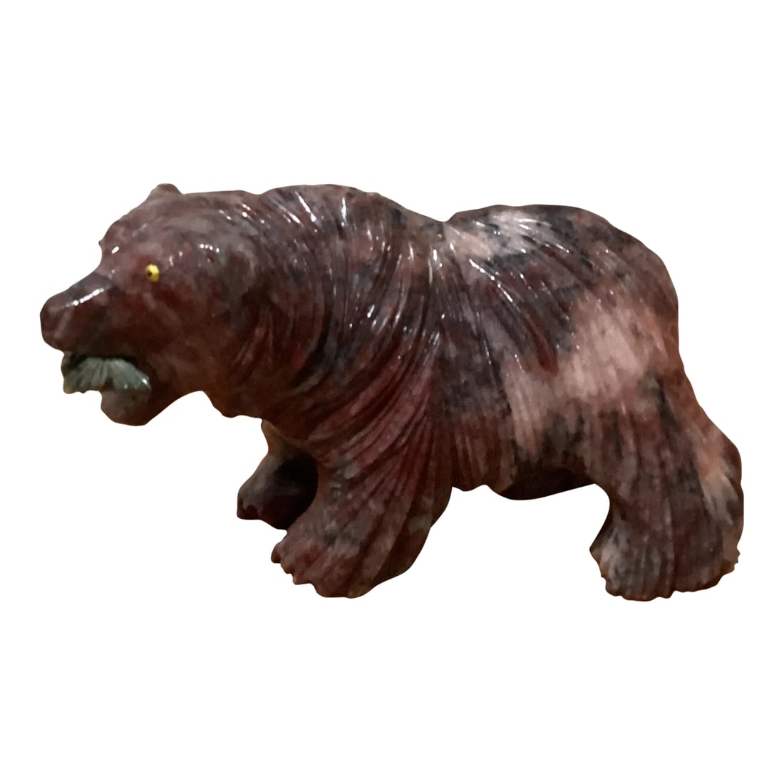 Late 20th Century Hand Carved Magnesite Grizzly Bear With Green Malachite Fish Sculpture by Alexandr (1 of 12)