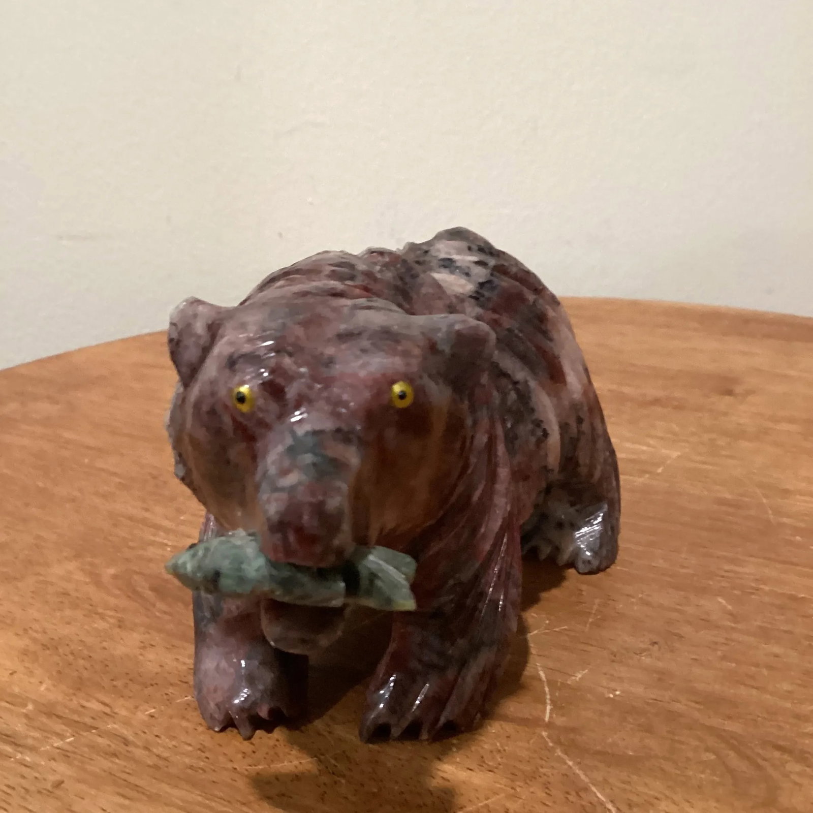 Late 20th Century Hand Carved Magnesite Grizzly Bear With Green Malachite Fish Sculpture by Alexandr - 2