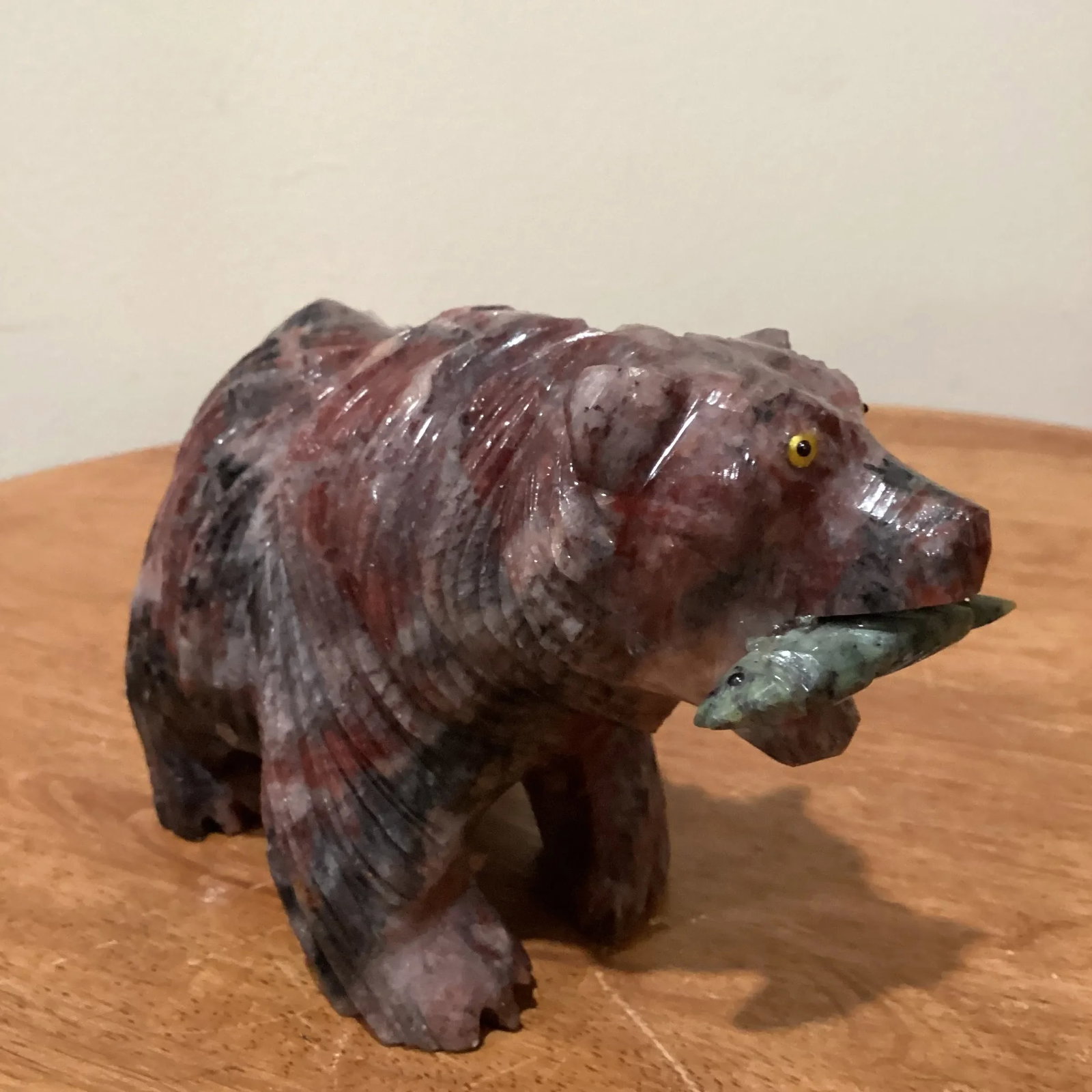 Late 20th Century Hand Carved Magnesite Grizzly Bear With Green Malachite Fish Sculpture by Alexandr - 3