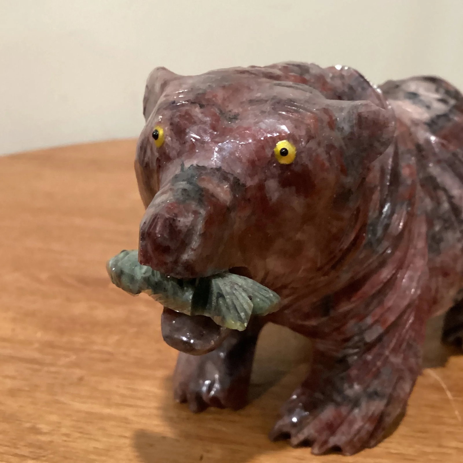 Late 20th Century Hand Carved Magnesite Grizzly Bear With Green Malachite Fish Sculpture by Alexandr - 6