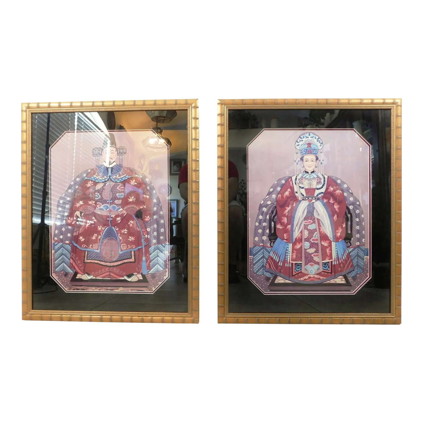 Large Pair Vintage Oriental Asian Chinese Figural Gold Faux Bamboo Framed Wall Art Pictures: Beautiful pair of large vintage figural Oriental wall pictures with gold faux bamboo frames. Amazing set! Gorgeous frames, beautifully matted and framed in glass. Ready to hang. Circa 1980s. Wonderful