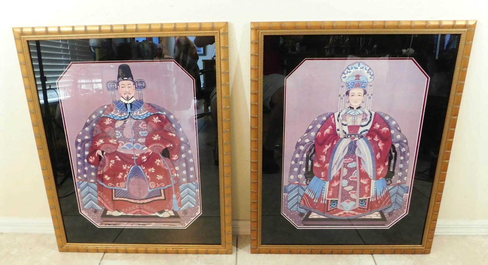 Large Pair Vintage Oriental Asian Chinese Figural Gold Faux Bamboo Framed Wall Art Pictures - 3