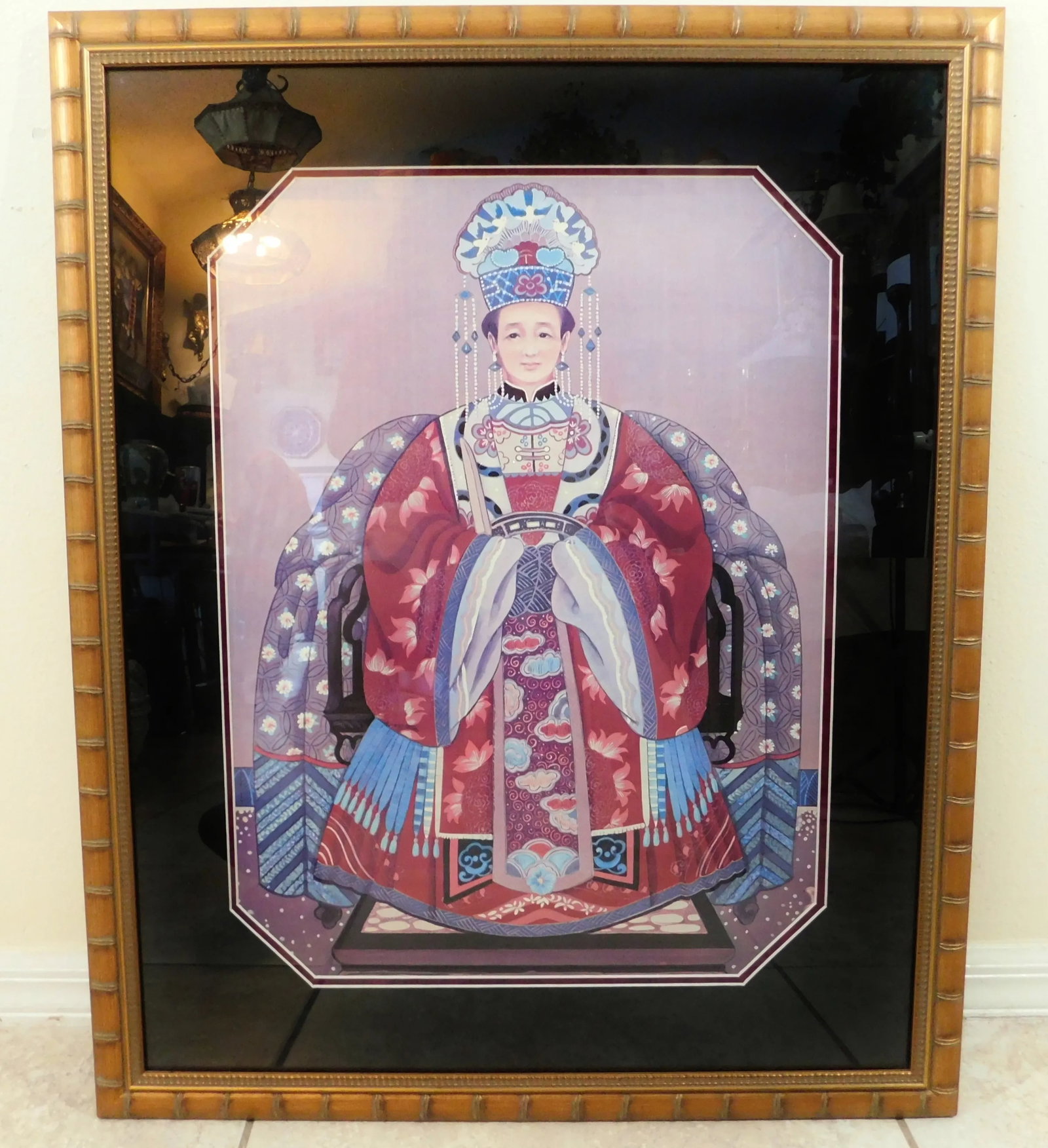 Large Pair Vintage Oriental Asian Chinese Figural Gold Faux Bamboo Framed Wall Art Pictures - 4
