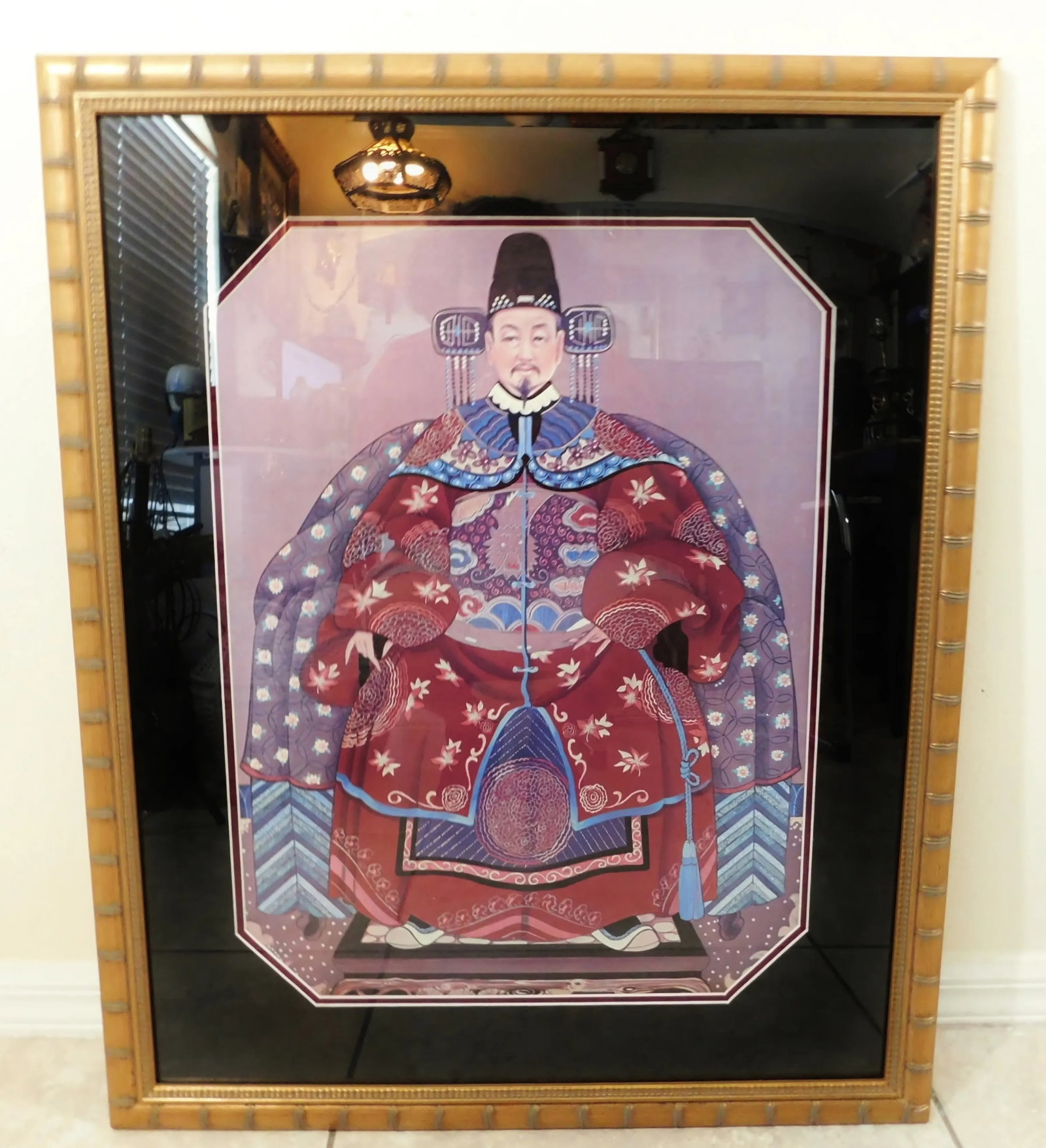 Large Pair Vintage Oriental Asian Chinese Figural Gold Faux Bamboo Framed Wall Art Pictures - 5