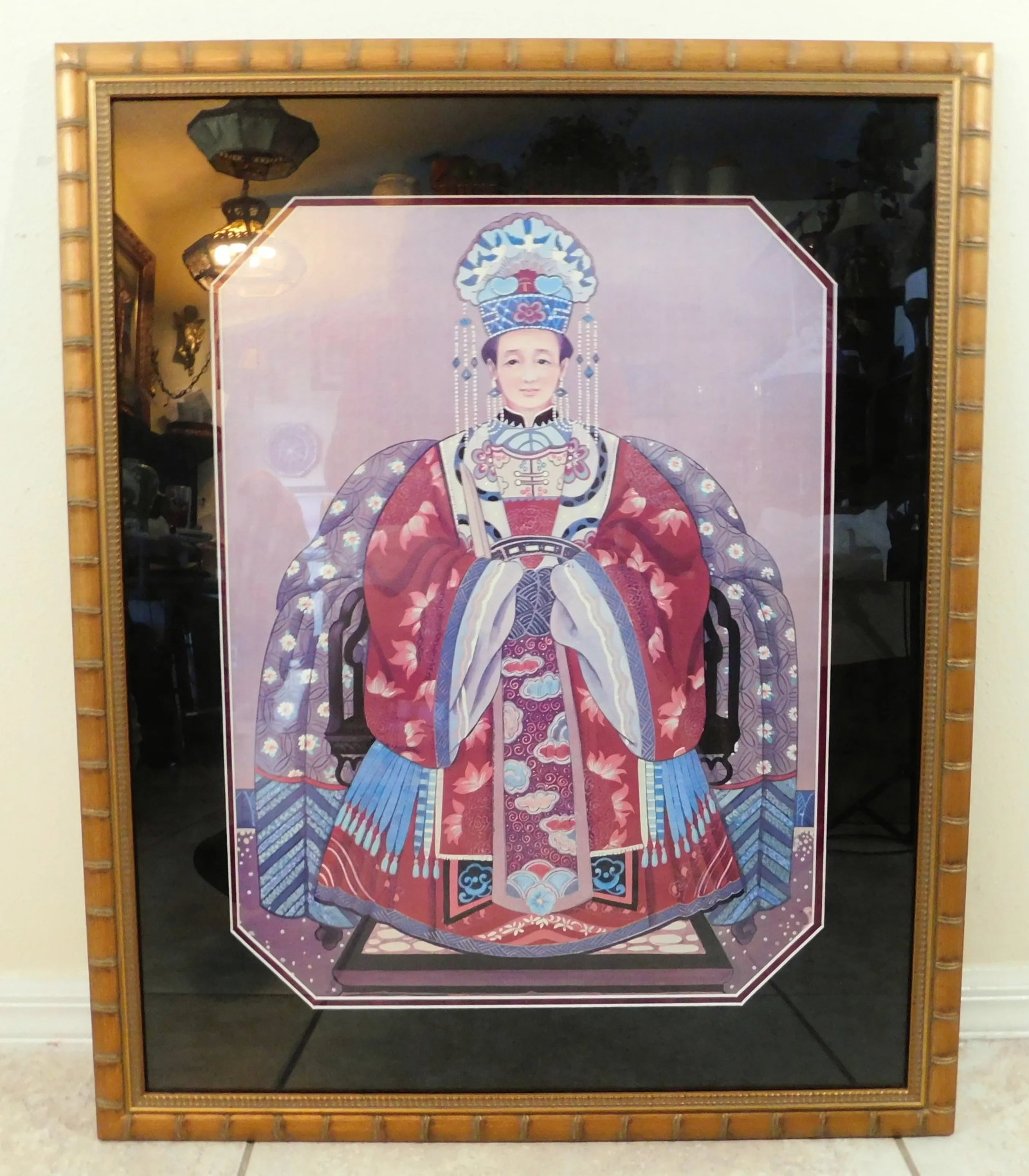 Large Pair Vintage Oriental Asian Chinese Figural Gold Faux Bamboo Framed Wall Art Pictures - 6