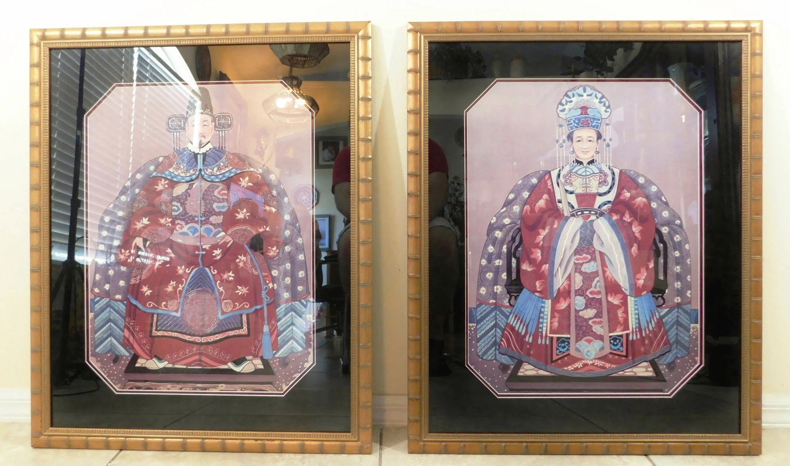 Large Pair Vintage Oriental Asian Chinese Figural Gold Faux Bamboo Framed Wall Art Pictures - 8