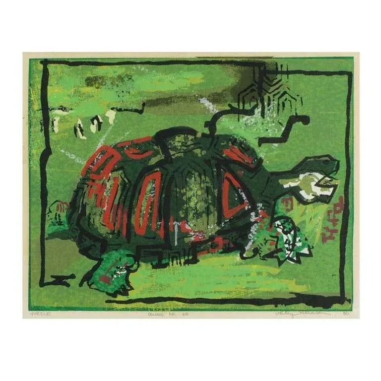 Colorful Turtle Block Print in Green, Red, Black & White - 2