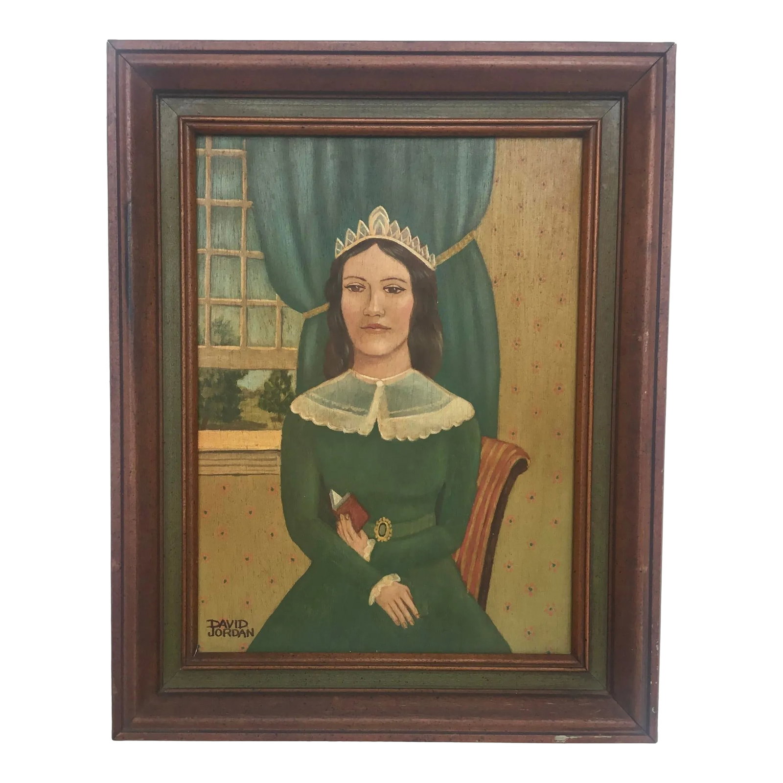 Folk Art Portrait of a Lady With Book, Oil Painting on Wood, Mid 20th Century, Framed: Folk Art Portrait of a Lady with a Book Artist: David Jordan, Signed Medium: Oil on Wood Panel ; Wood Frame Era/Year: Later Mid 20th Century Measurements: 12 x 15 ; 9 x 11.5 Condition: Overall Very