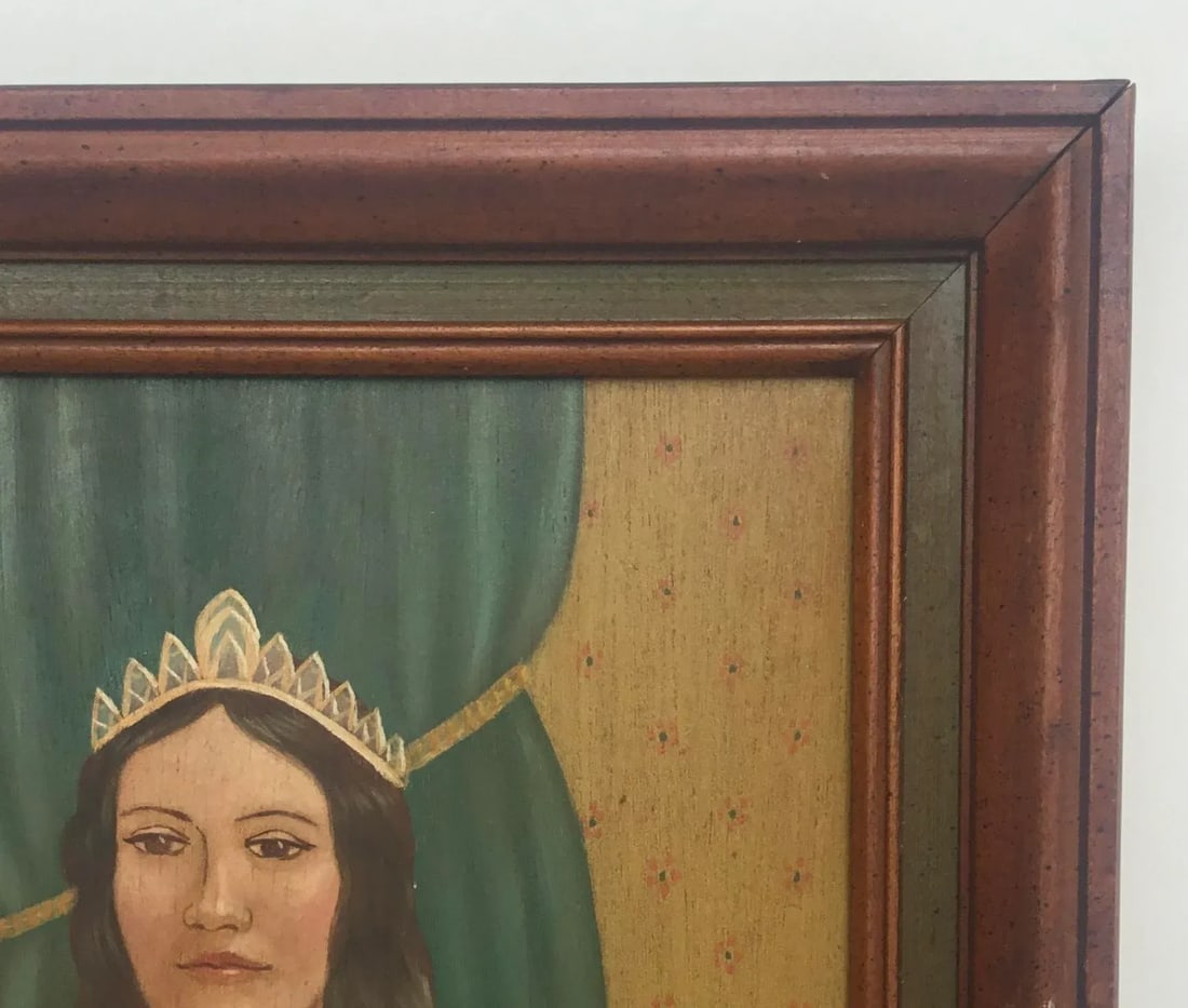 Folk Art Portrait of a Lady With Book, Oil Painting on Wood, Mid 20th Century, Framed - 4