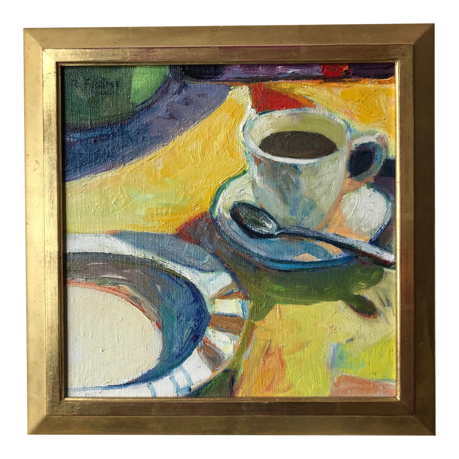 Abstract Robert Frame Coffee Cup Oil Painting: Robert Frame is an important and well-listed Santa Barbara, California listed painter and artist who is known for his vivid landscapes, abstract modernist still life, and colorful oils that have sold