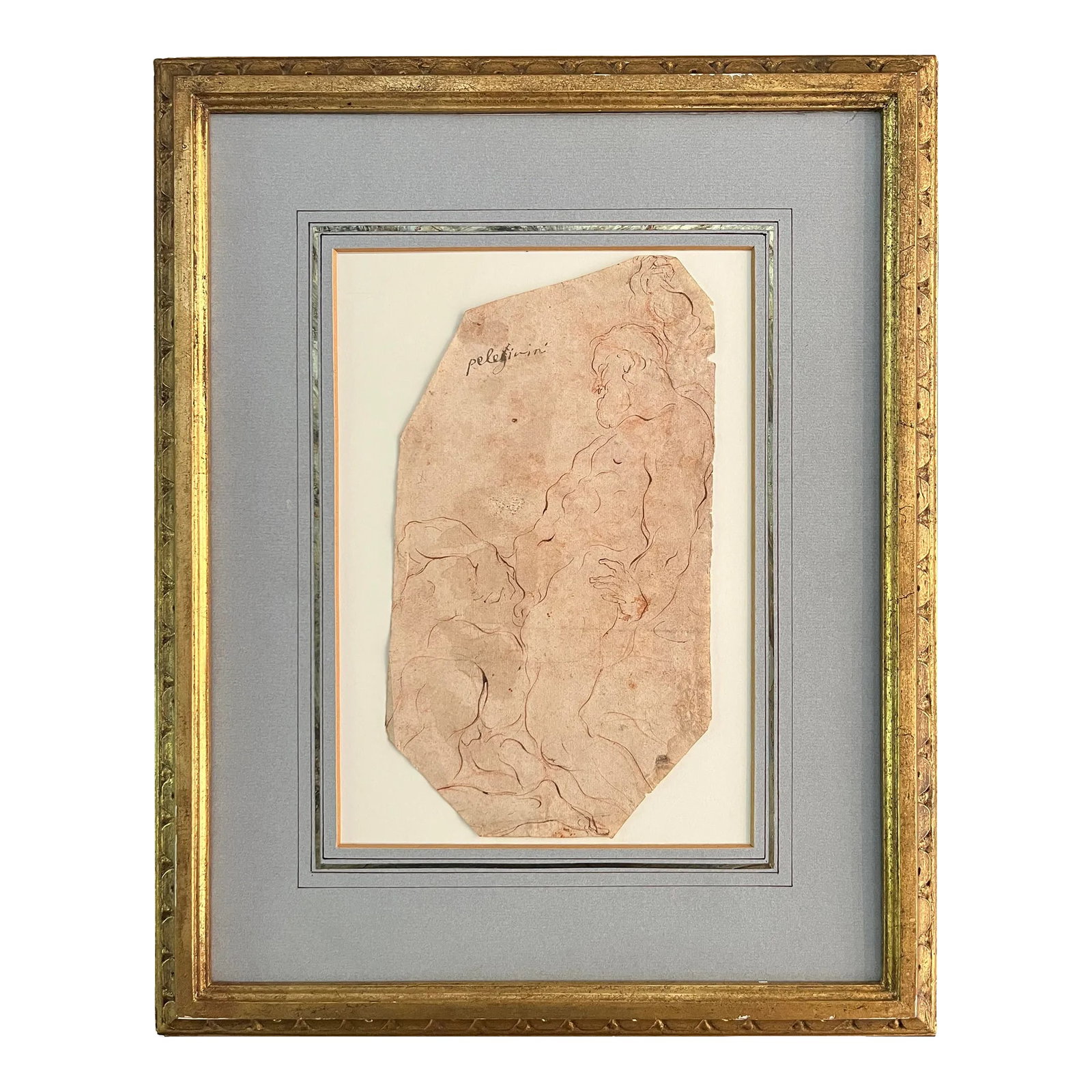 18th Century Sketch of Samson Defeating the Philistines Attributed to Pellegrini, After Michelangelo: Attributed to Giovanni Antonio Pellegrini Venice, Italy; early 18th century Pen and ink over red chalk on Approximate size: 17.75 (h) x 14 (w) x .5 (d) in. (frame); 10.25 (h) x 5.75 (w) (drawing) The