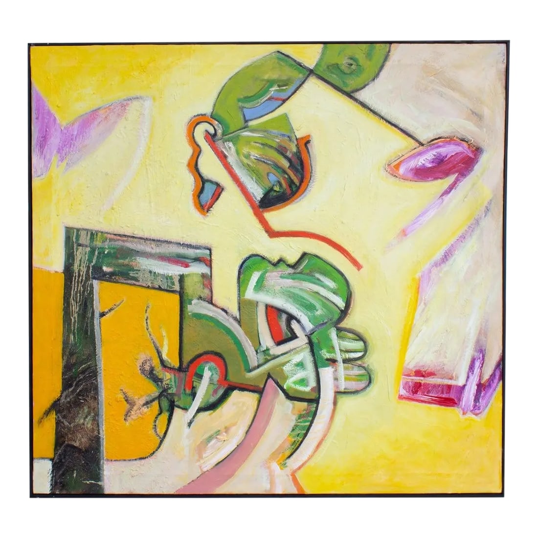 Abstract Oil on Canvas Painting by James L. Bruch: An oil on canvas painting by the American artist James L. Bruch (1942-2023). Unsigned, this abstract work features and yellow background and leaf and flower-like designs growing from an orange and bla