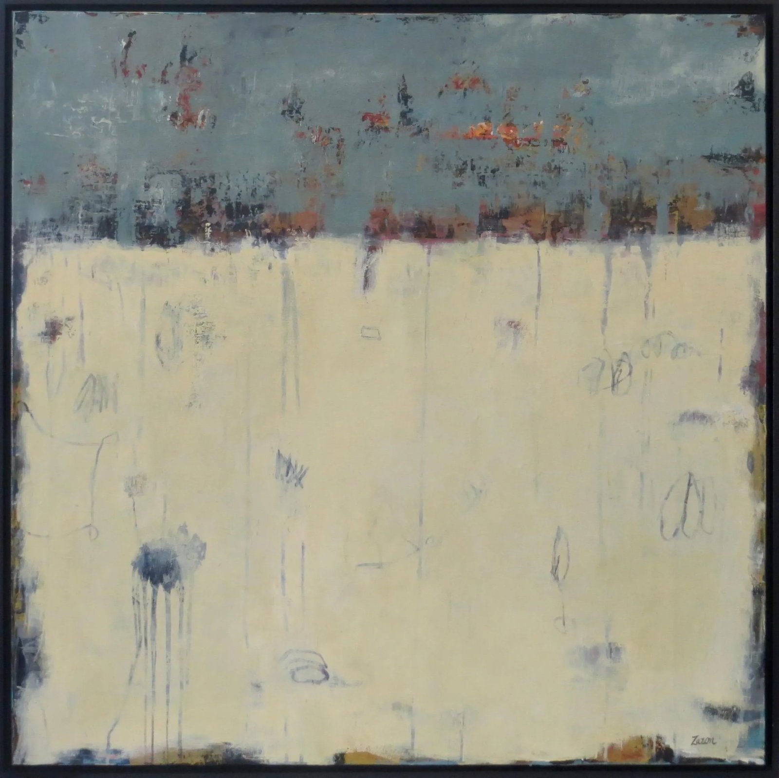 Contemporary Abstract Painting "Sacred Space" by Karen Zazon: "Sacred Space" has a quiet feeling of calmness with its subtle palette and delicate markings beneath the surface. This mediative original painting on canvas has a protective UV varnish and set within
