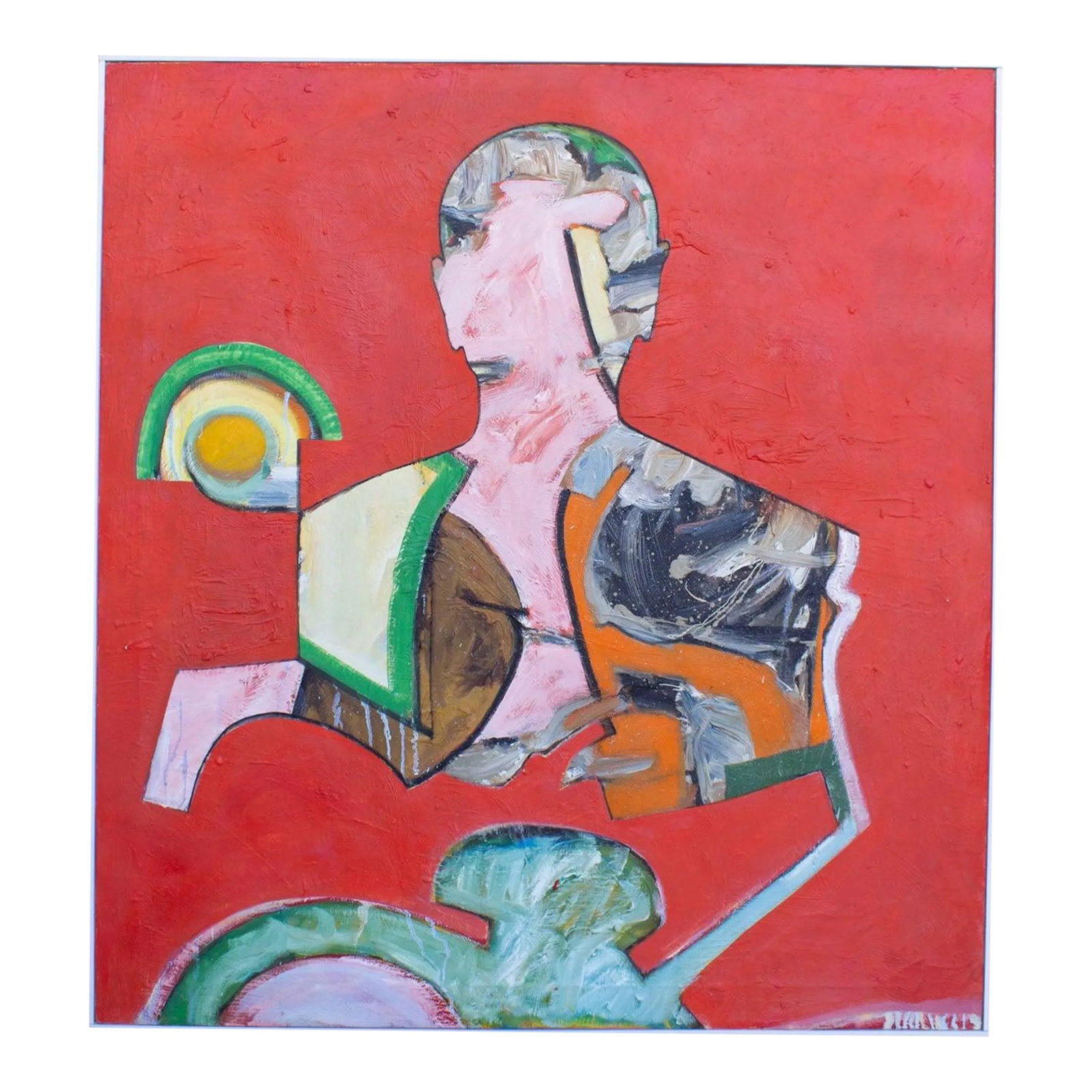 Abstract Oil on Canvas Painting by James L. Bruch: An oil on canvas painting by the American artist James L. Bruch (1942-2023). Unsigned, this abstract work has a red background punctuated by a patchwork of color forming a figural silhouette floating 