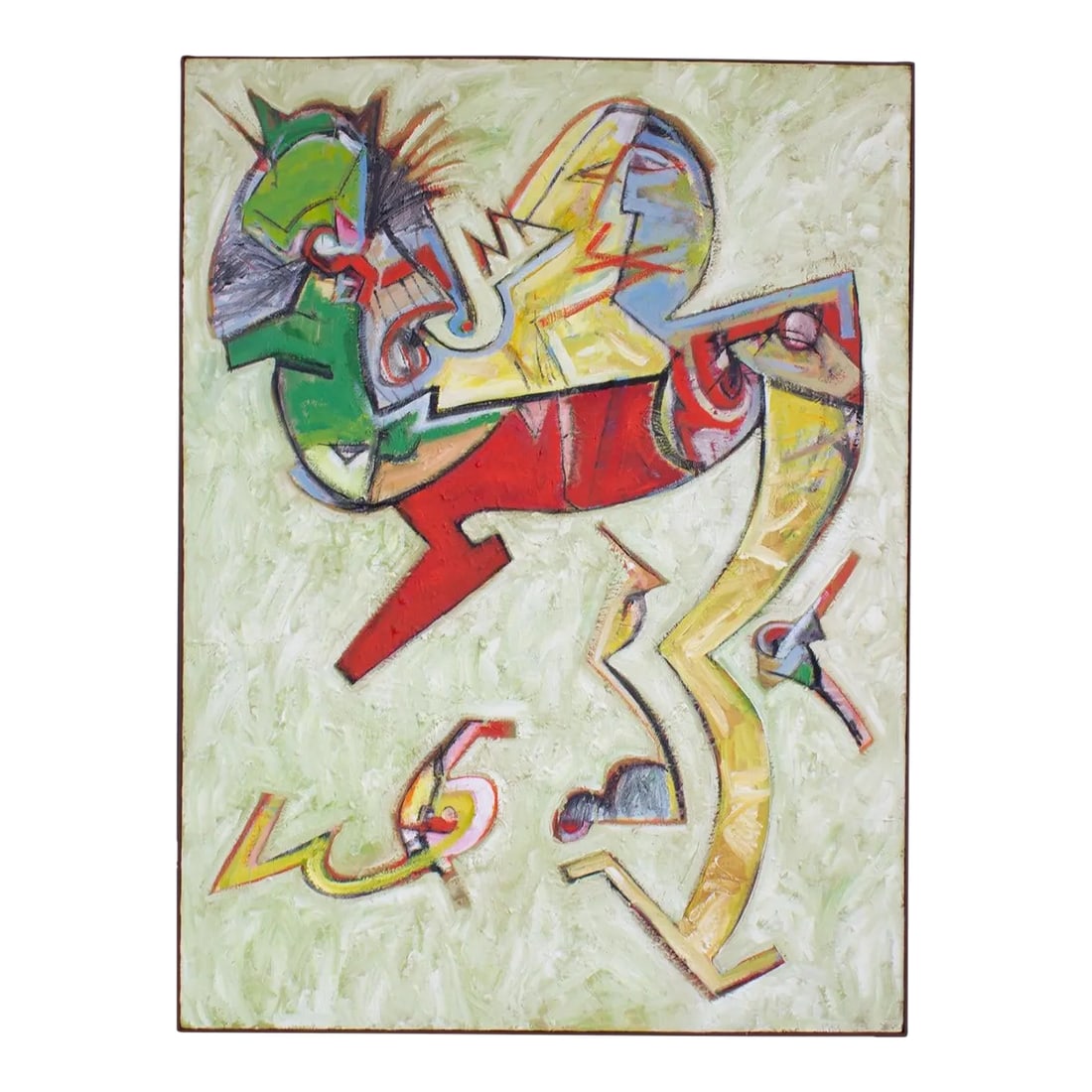 Abstract Oil on Canvas Painting of a Cat by James L. Bruch: An abstract acrylic on canvas painting of a cat by the American artist James L. Bruch (1942-2023). Green, red, tan, and purple color add texture and dimension to this depiction of a whimsical cat and 