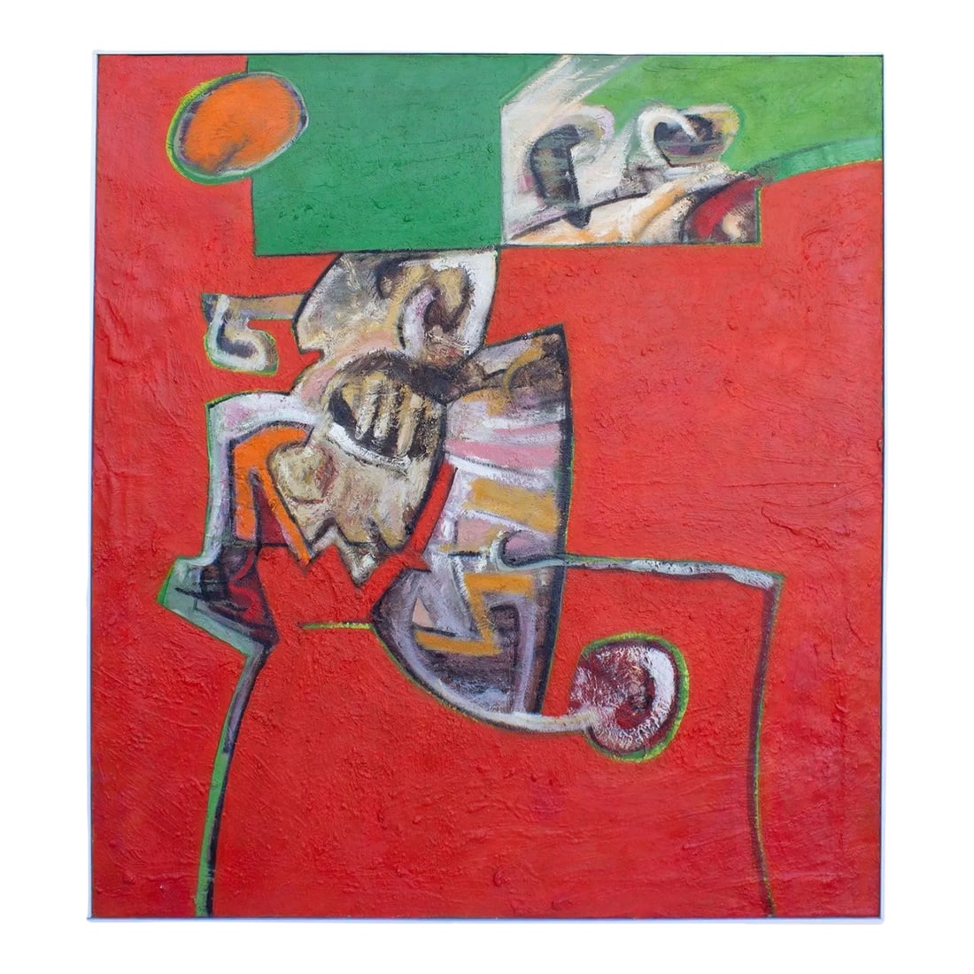 Abstract Oil on Canvas Painting by James L. Bruch: An oil on canvas painting by the American artist James L. Bruch (1942-2023). Estate stamped to the verso, this abstract work has a red background topped with a green and orange shape. A brown, white, 