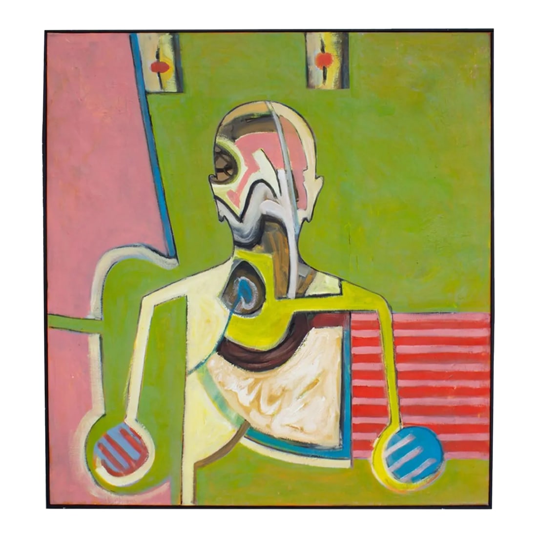 Abstract Oil on Canvas Painting by James L. Bruch: An abstract oil on canvas painting by American artist James L. Bruch (1942-2023). An outline of a person stands out against a bright green background. Abstract shapes and striped patterns in pink, red