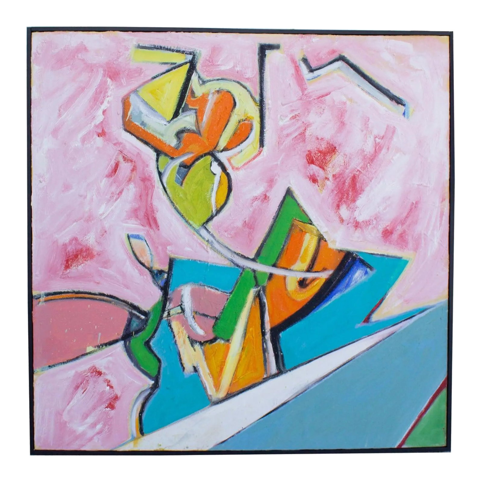 Abstract Oil on Canvas Abstract Painting by James L. Bruch: An oil on canvas painting by the American artist James L. Bruch (1942-2023). This abstract work uses colorful geometric shapes accented with black and white arranged against a pink and white backgroun