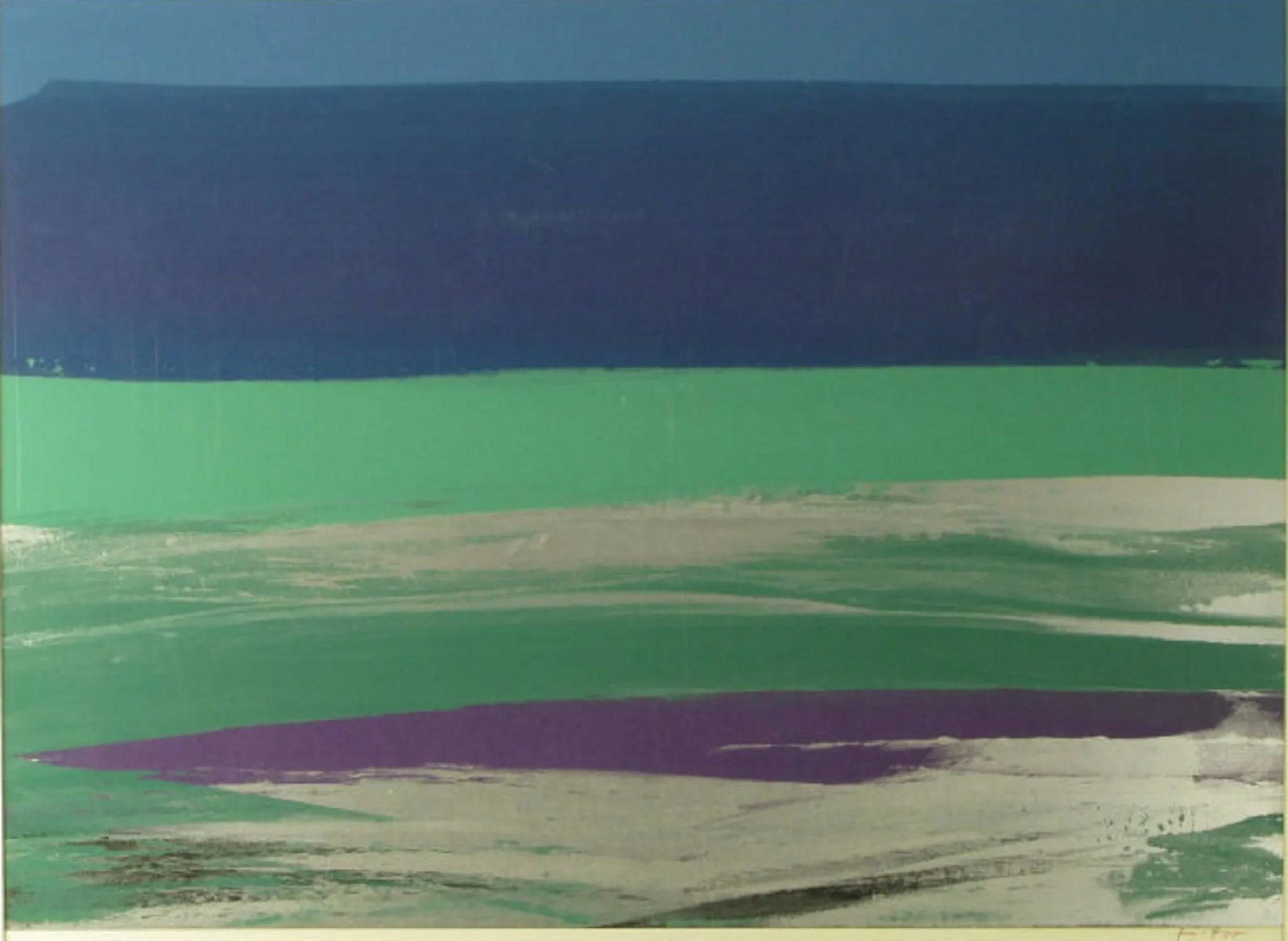 Joseph Gruppe Abstract Screen Monoprint: Large and richly colored lithograph in blue, turquoise green and lavender purple, with silver and black screened overlay by Joseph Gruppe. Chrome and brushed chrome gallery style frame with acrylic