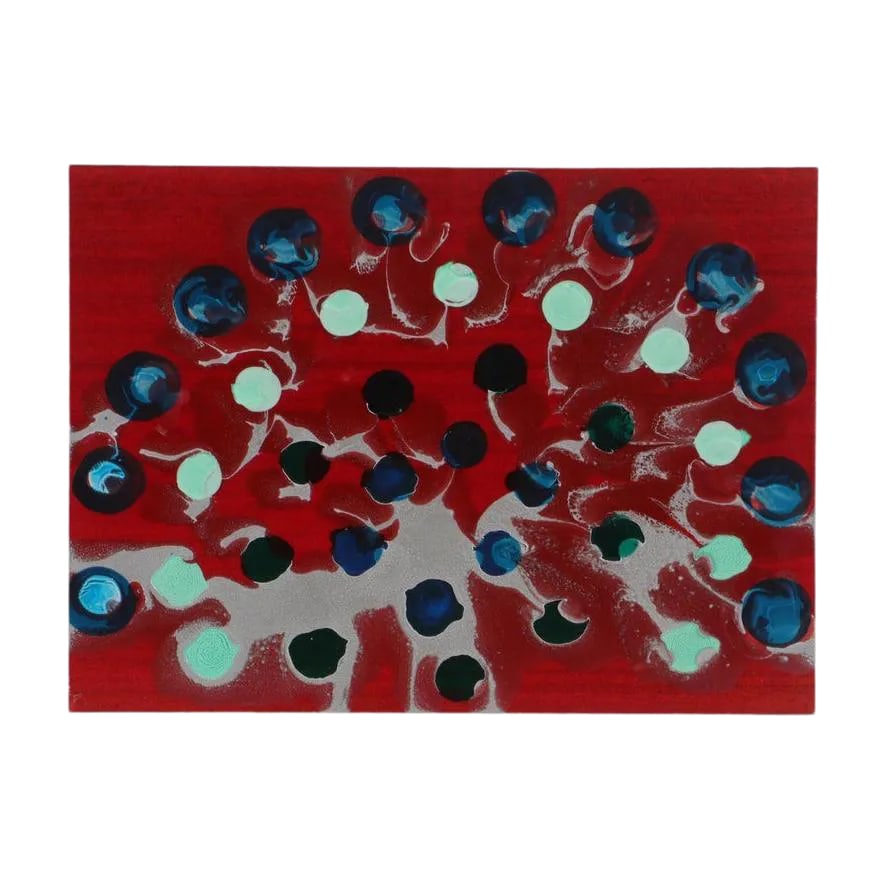 Joel d'Orazio Polyurethane on Mahogany Board Titled "Peacock": Colorful work of abstract art by Joel D'Orazio using non-conventional mediums. Polyurethane toned in various colors then applied to a beautifully grained piece of mahogany board. The result resembles