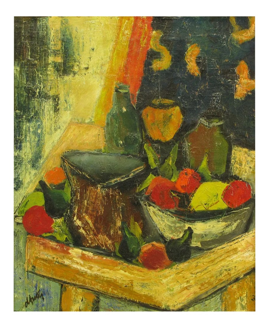 Henri d'Anty Abstract Still Life Oil on Canvas: Henri D'Anty 1910-1998, oil painting on canvas, still life of fruit and bottles on a tray table. Brass frame with umber linen liner; framed 24.5" H x 21" W x 1" D. He studied at the Academie de la