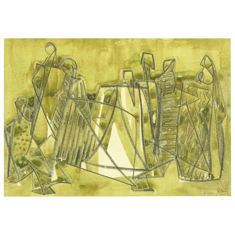 Salah Taher Water Color and Charcoal, Circa 1963: Framed water color by famed Egyptian painter Salah Taher (1911-2007). Salah Taher (Arabic: slh thr) was a prominent Egyptian painter. Born on May 12, 1911, in Cairo, he joined and graduated from