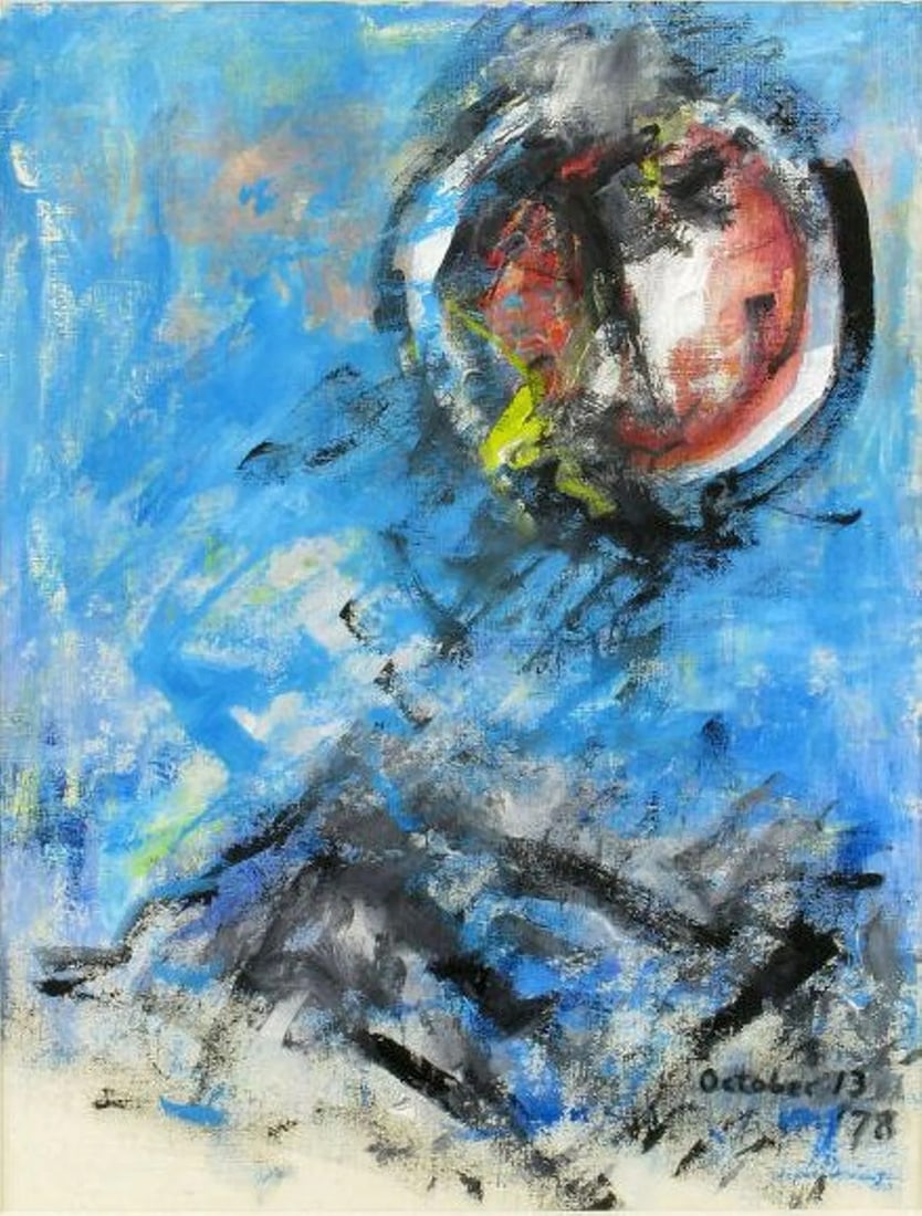 Intense Primary Color Abstract Acrylic on Canvas: Intense and inspired acrylic on canvas in blue, red, yellow and black dated October 13 1978. Comes with a brushed chrome frame and linen mat. The frame measures 30.5"h x24"w x1.25"d. Condition: