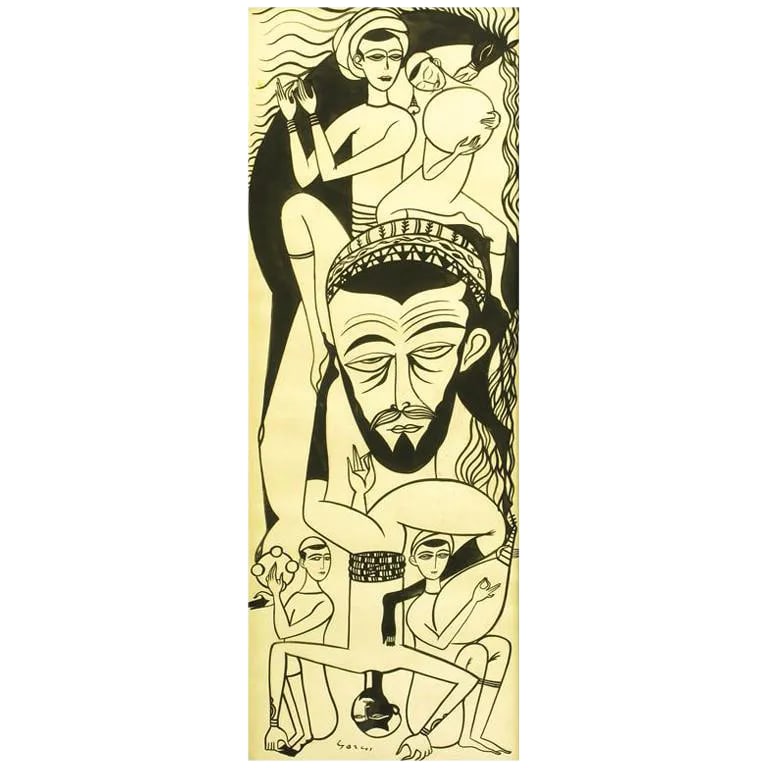 Middle Eastern Pen & Ink Drawing on Paper: Pen and ink drawing on paper depicting Middle Eastern musicians and horse in a dream like sequence, signed. Distressed wood frame measurements 31.25" H x 13" W x 1" D Condition: Alterations: Unknown