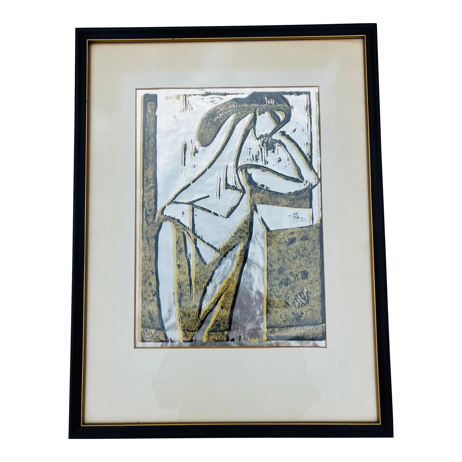 Modernist Female Figure Dated 1969, Framed: This original silk screen on silver foil is signed Itzhak Sankowsky (1908-1994) Education- University of Florence, Academy of Fine Arts, Florence. University of Pennsylvania ( MA Math) Teaching-