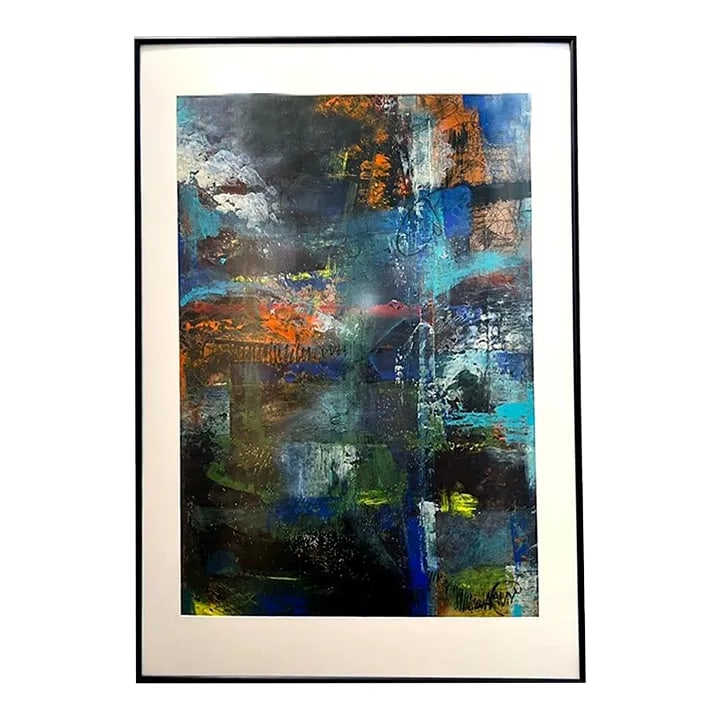 Modern Abstract Collage, Framed: This piece is a modern abstract collage created on a sturdy cardboard base. Additional layers of cardboard and paper, treated with acrylic paint and charcoal, are collaged onto the piece to further en