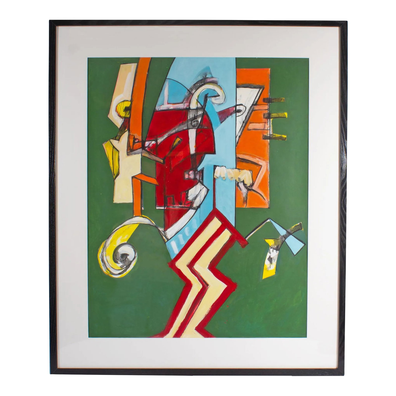 Abstract Mixed Media Painting by James L. Bruch: An abstract mixed media painting by the American artist James L. Bruch (1942-2023). Layers of abstract colorful shapes merge against a dark green ground in this mixed media painting. The painting is