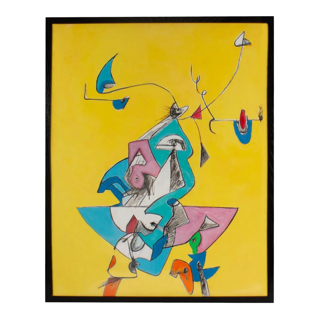 Abstract Mixed Media Painting by James L. Bruch: An abstract mixed media painting by the American artist James L. Bruch (1942-2023). Unsigned, this abstract work features an assemblage of layered geometric shapes against a bright yellow background. 
