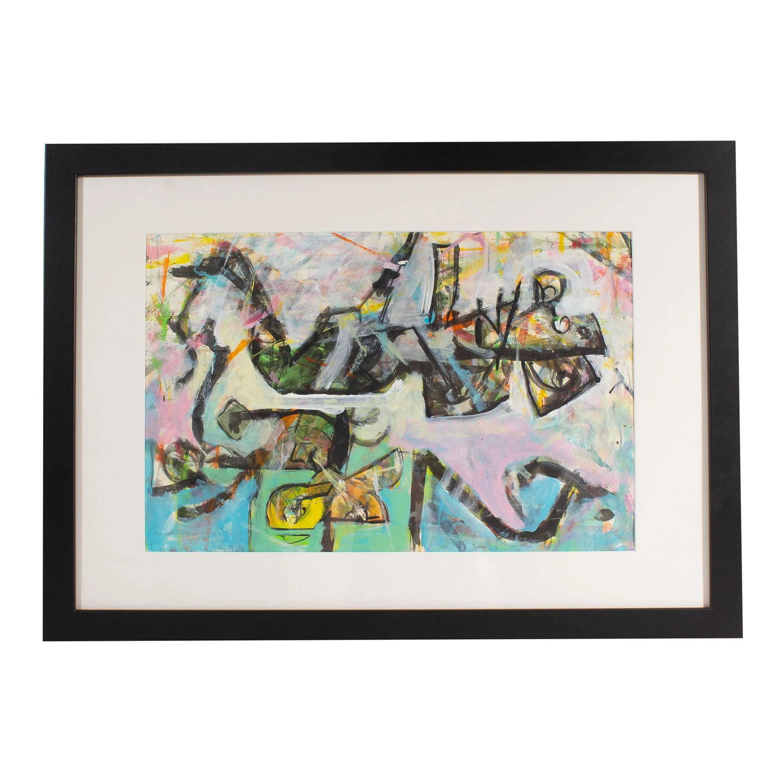 Abstract Mixed Media Painting by James L. Bruch: An abstract mixed media painting by the American artist James L. Bruch (1942-2023). Colorful objects defined in black merge against a polychromatic ground in this mixed media painting. The painting is