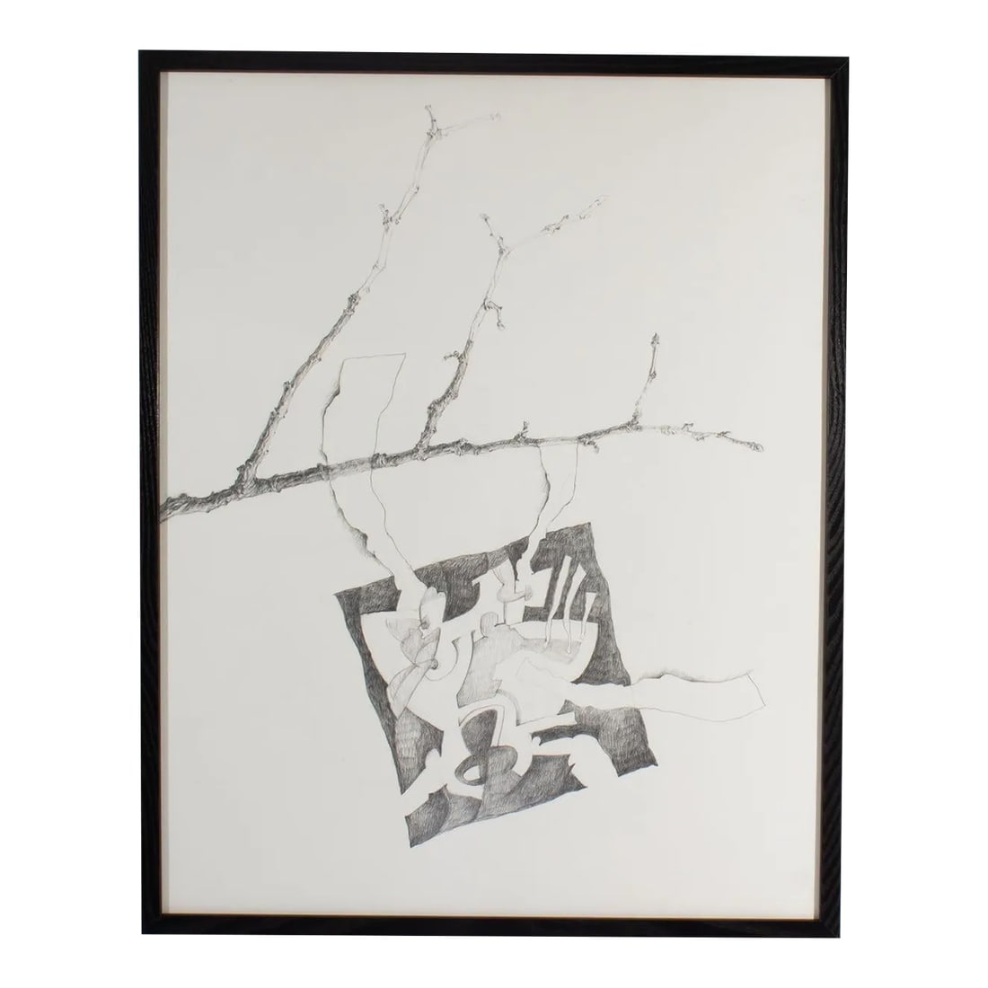 Abstract Charcoal Drawing by James L. Bruch: An abstract charcoal drawing by American artist James L. Bruch (1942-2023). An abstract square shape contrasts with a realistic sketch of a tree branch in this black and white work. The drawing is