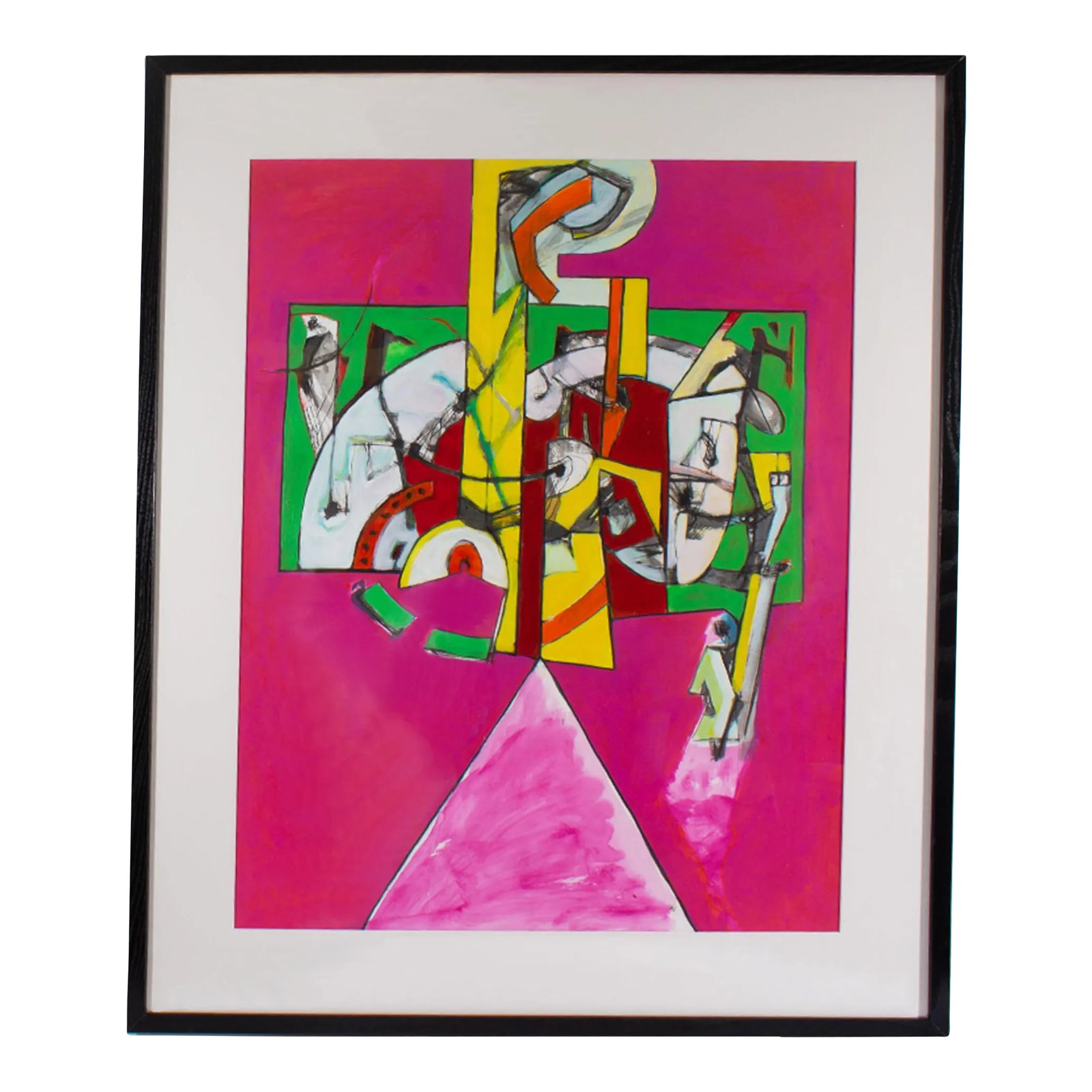 Abstract Mixed Media Painting by James L. Bruch: An abstract mixed media painting by the American artist James L. Bruch (1942-2023). Colorful illustrated abstract objects are amassed in an overlapping design and depicted balanced upon a pink