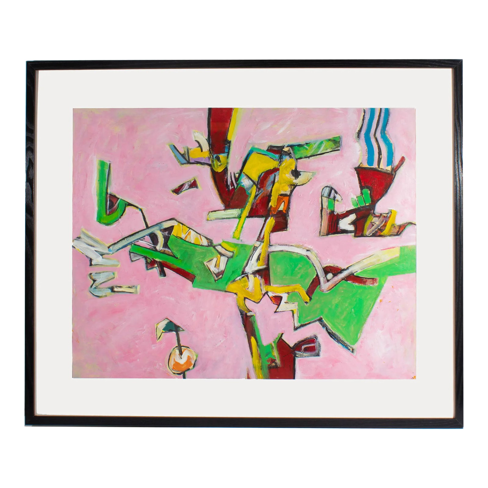 Abstract Mixed Media Painting by James L. Bruch: An abstract mixed media painting by the American artist James L. Bruch (1942-2023). Predominately pink, this abstract work is punctuated by plunging colorful abstract shapes. The painting is