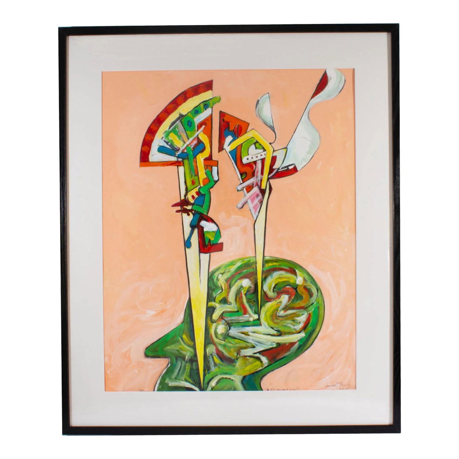 "What's on Your Mind?" Abstract Mixed Media Painting by James L. Bruch: An abstract mixed media painting titled, What's On Your Mind?, by the American artist James L. Bruch (1942-2023). Titled and signed along the bottom edge, this painting depicts a silhouette of a