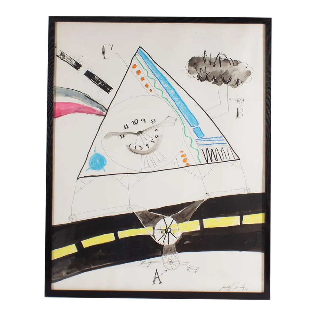 1972 Mixed Media Painting by James L. Bruch: A 1972 mixed media painting by the American artist James L. Bruch (1942-2023). Signed and dated to the bottom right corner, colorfully illustrated geometric shapes converge against a white ground in