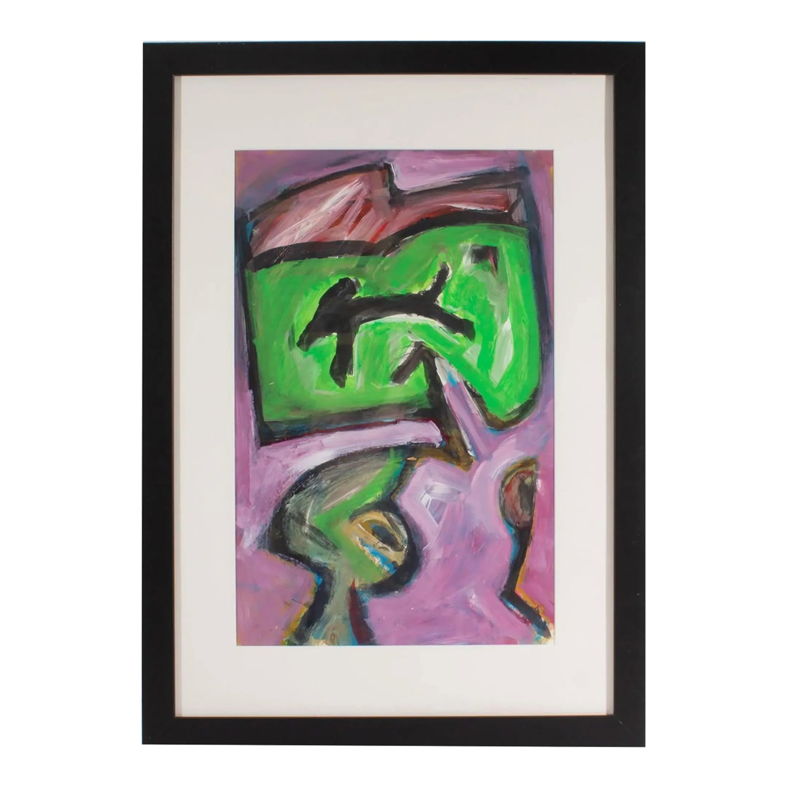 Abstract Mixed Media Painting by James L. Bruch: An abstract mixed media painting by the American artist James L. Bruch (1942-2023). Green shapes float against a purple background in this colorful abstract work. Estate stamped to the verso, the